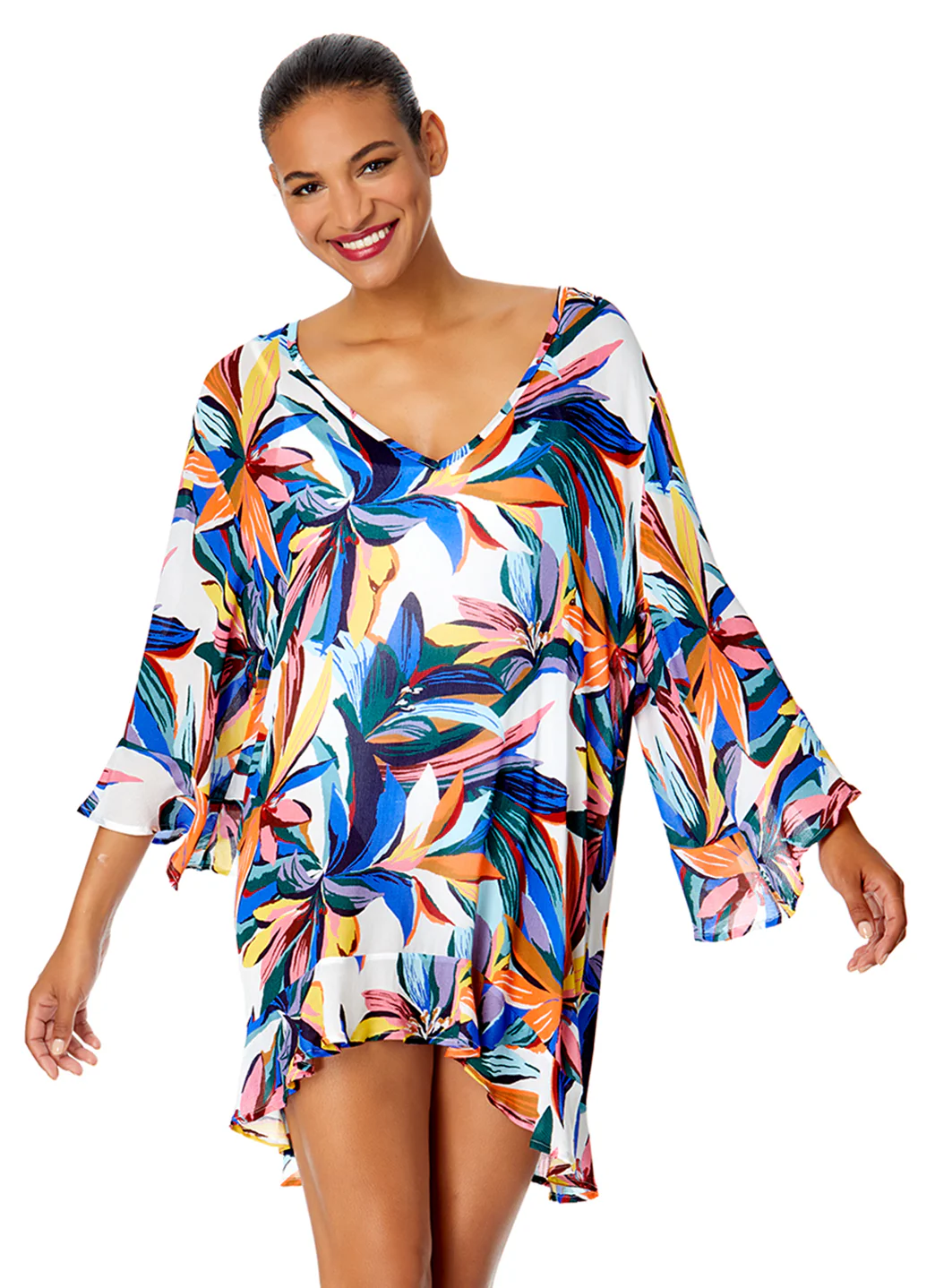 Anne Cole Women's Riviera Floral Bell Sleeve Flounce Cover Up Tunic - Image 2