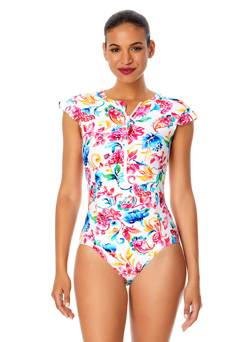 Anne Cole Women's Watercolor Paisley Flutter Sleeve Zip Front One Piece Swimsuit - Image 2
