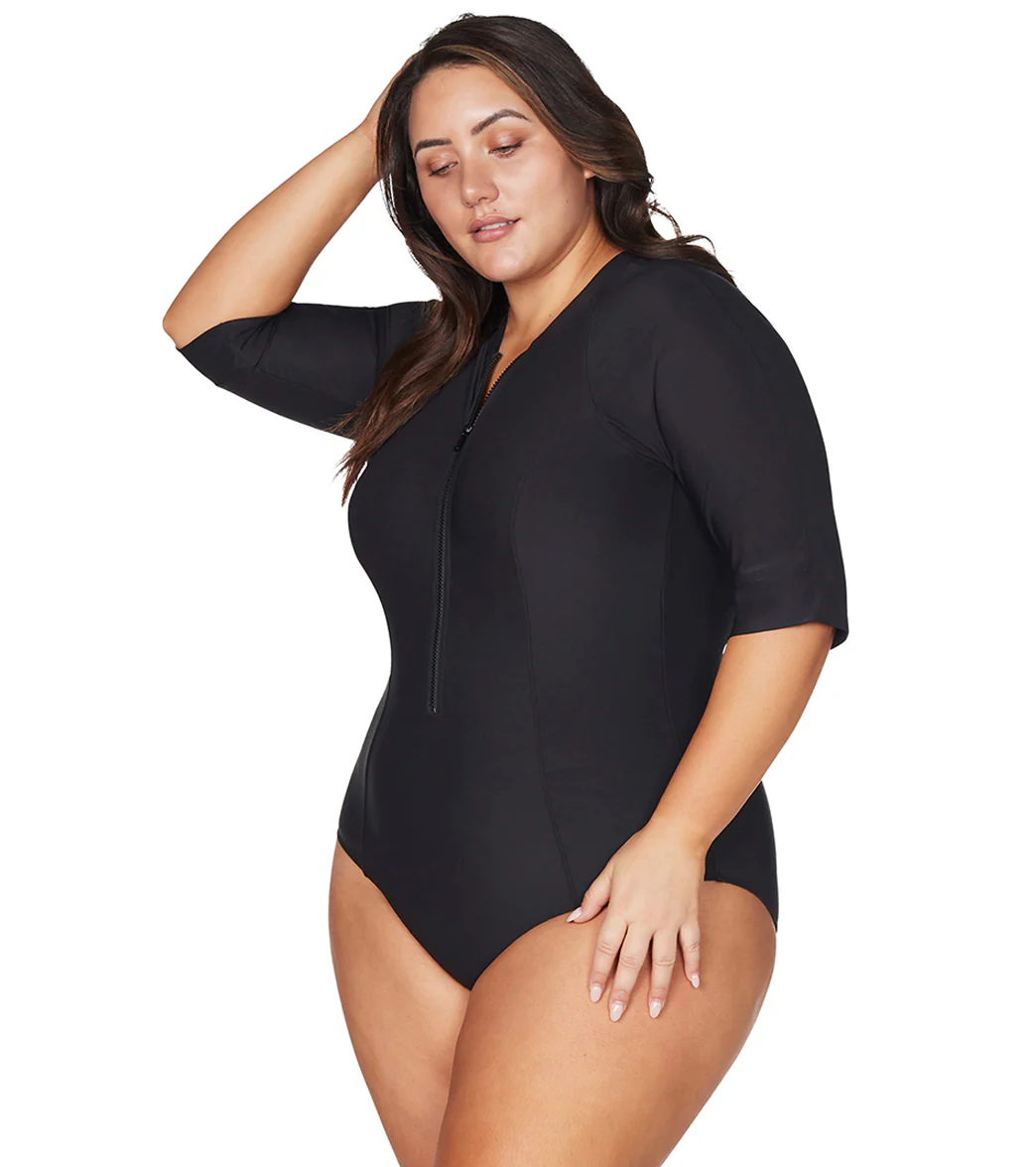 Artesands Woman's Plus Size Hues Sunsafe Mid Length Sleeve One Piece Swimsuit - Image 2