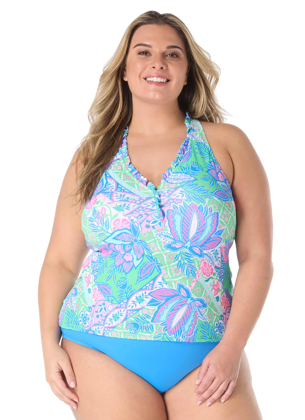 Beach House Women's Plus Size Estate Mosaic Pique Nina Ruffle Neck Tankini Top - Image 3