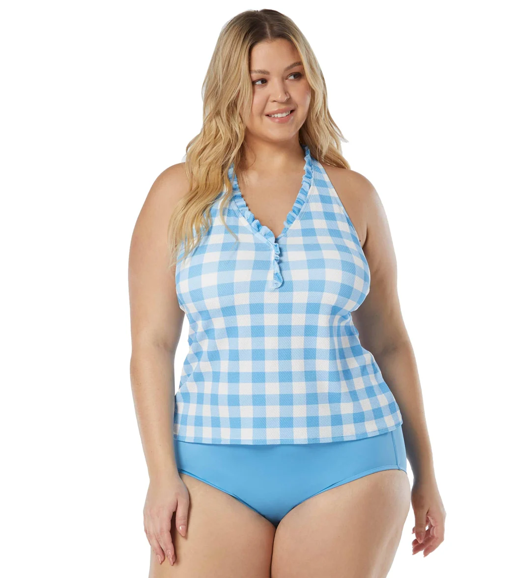 Beach House Women's Plus Size Summer Gingham Nina Racerback Ruffle Trim Tankini Top - Image 4