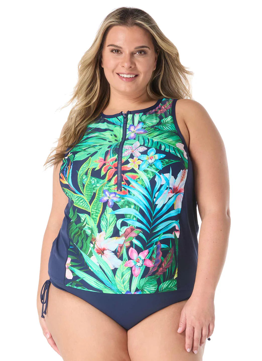 Beach House Women's Plus Size Tropic Paradise Racer Zip Front Tankini Top - Image 2