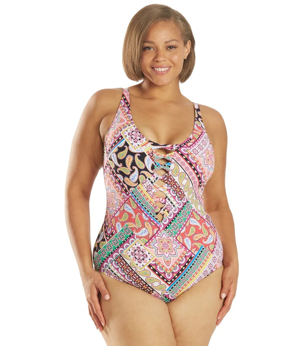BLEU Rod Beattie Women's Plus Size Just Cool Lace Down OTS Mio Plunge One Piece Swimsuit - Image 8