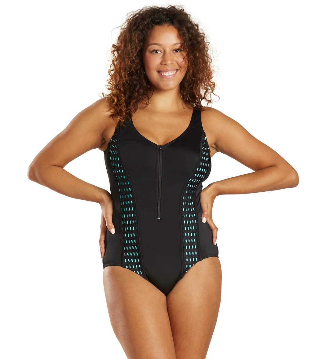 Fit4U Women's Lattice V Neck Zipper One Piece Swimsuit (C Cup) - Image 8