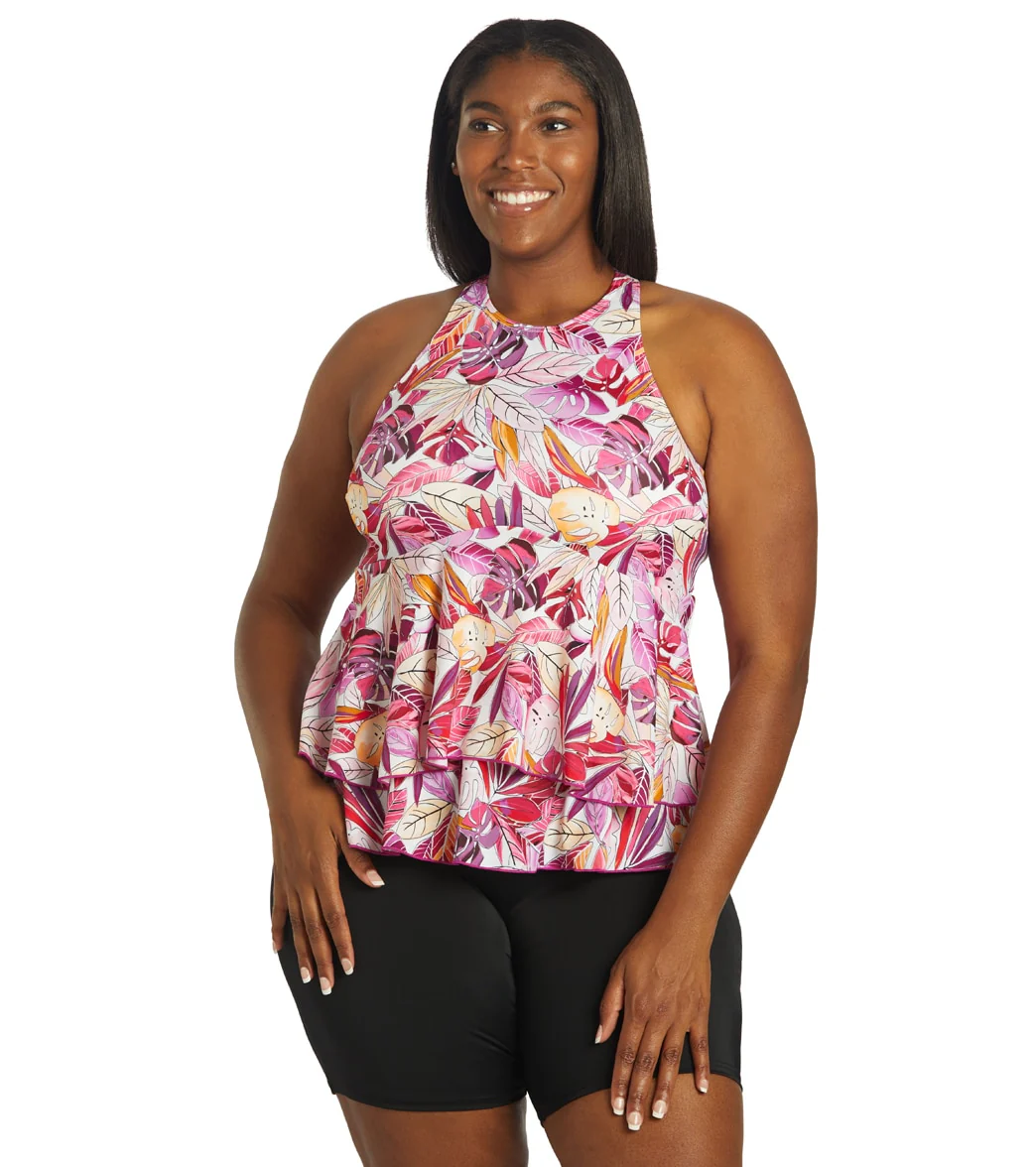 Fit4U Women's Plus Size Kapalua Hi Neck Two Tiered Tankini Top