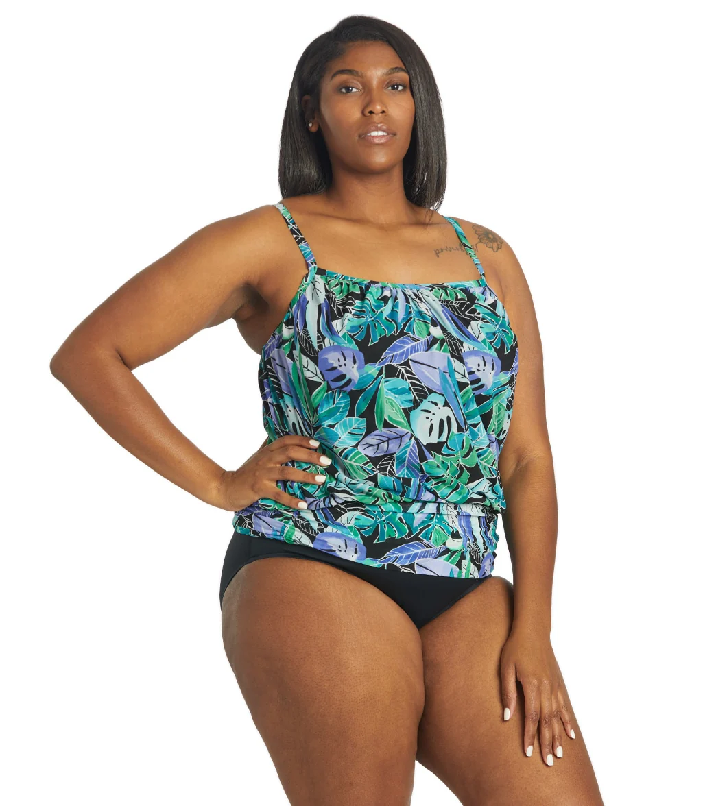 Fit4U Women's Plus Size Palms Mesh Blouson Tankini Top - Image 5