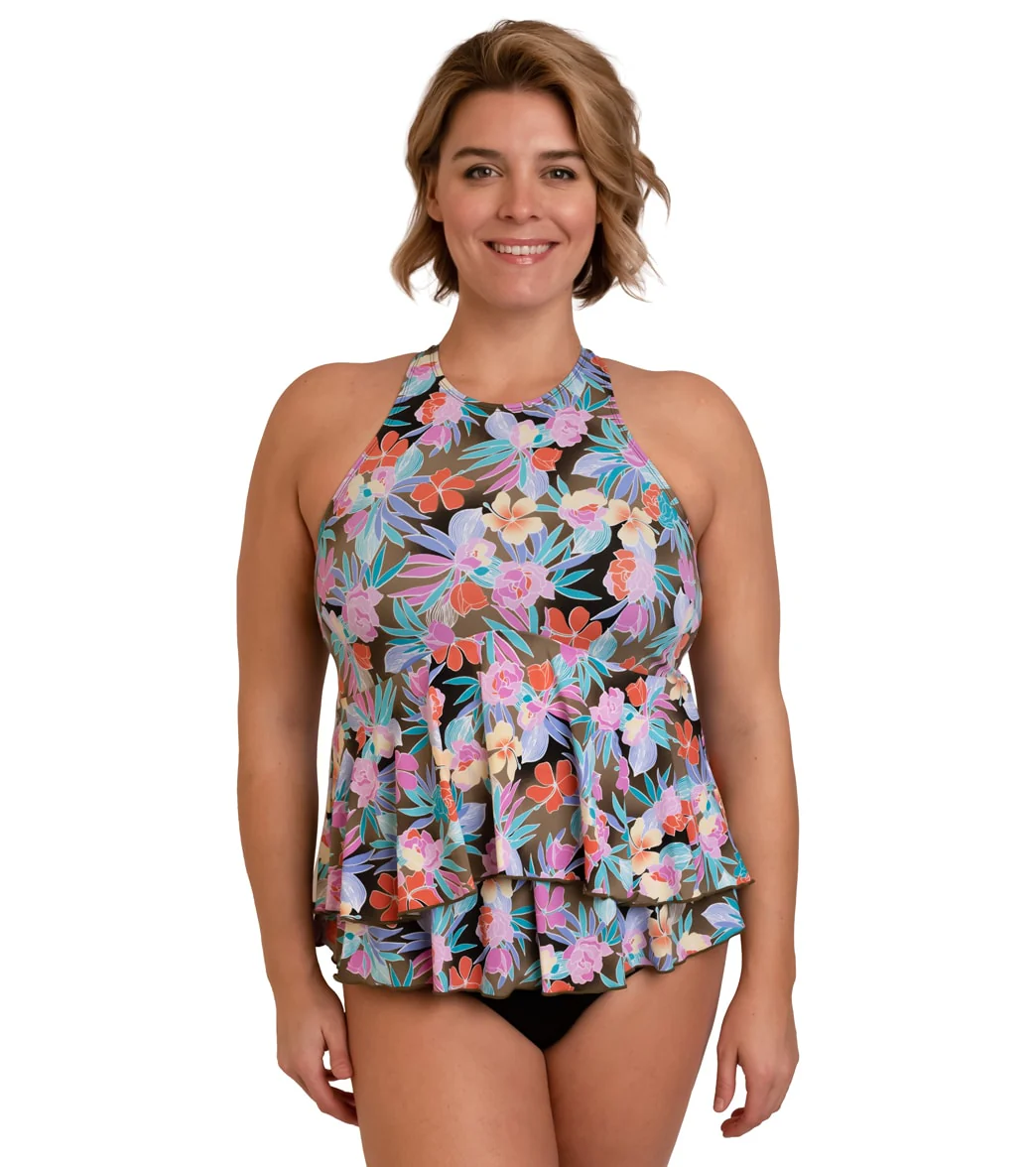 Fit4U Women's Plus Size Topaz Hi Neck Two Tier Tankini Top