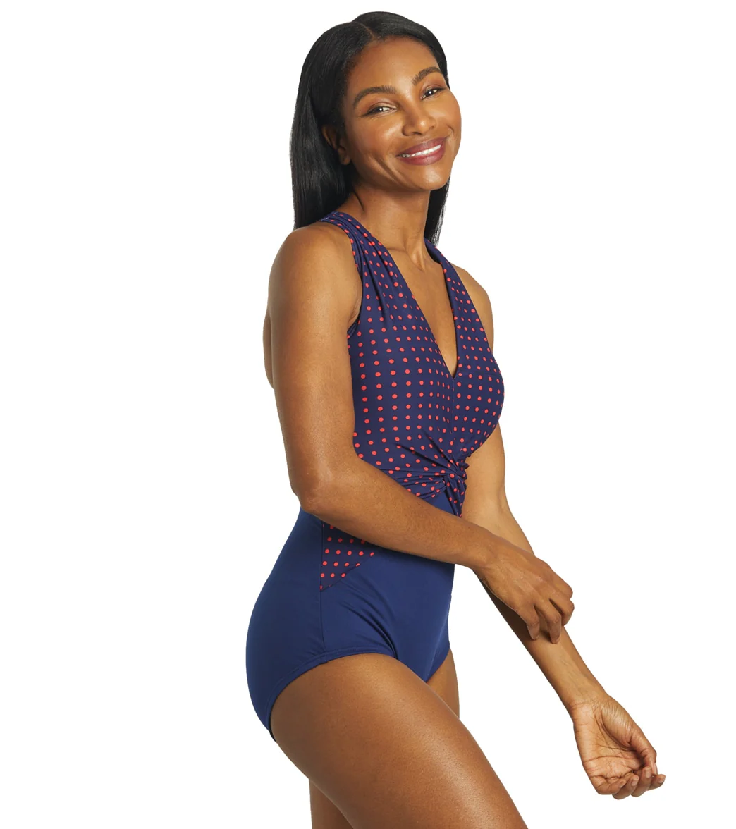 Gabar Woman's Chlorine Resistant Deep Water Dot Draped Twist V Neck One Piece Swimsuit - Image 2