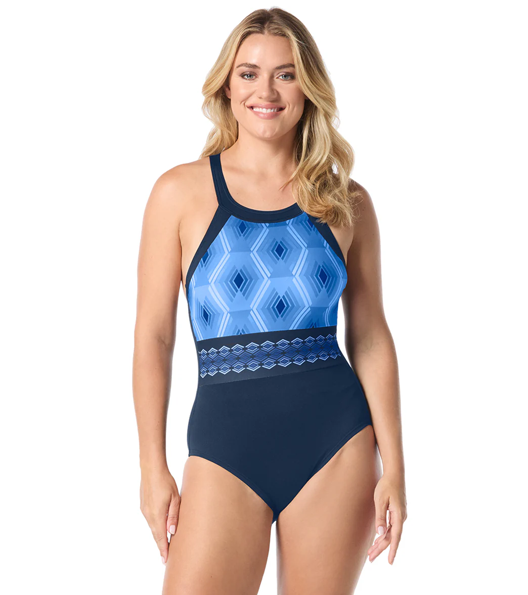 Gabar Women' s Chlorine Resistant Aqua Prisms High Neck One Piece Swimsuit - Image 5