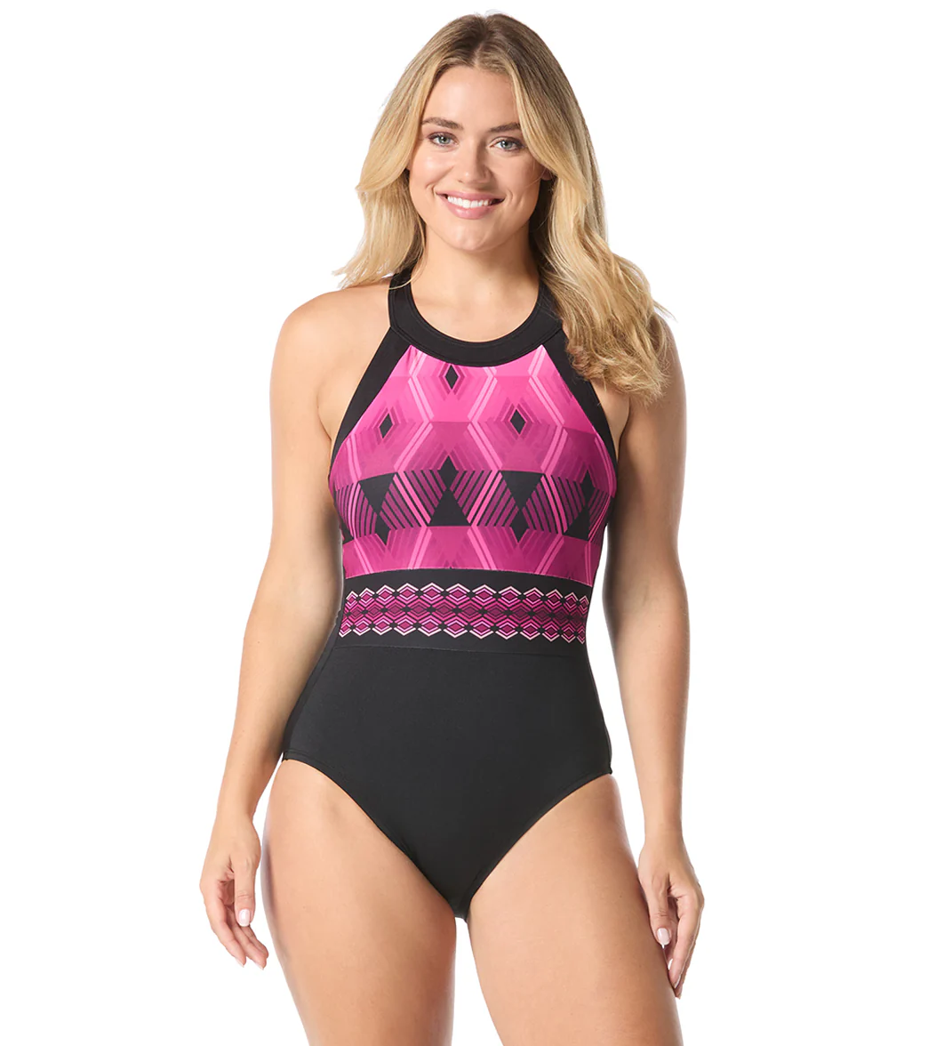 Gabar Women' s Chlorine Resistant Aqua Prisms High Neck One Piece Swimsuit - Image 9