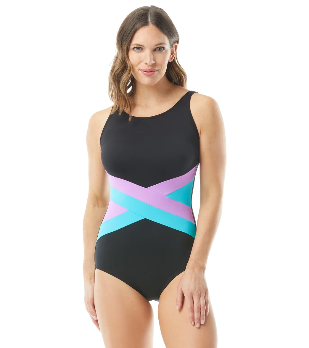 Gabar Women's Mastectomy Chlorine Resistant Color Blocked High Neck One Piece Swimsuit (C/D Cup) - Image 7
