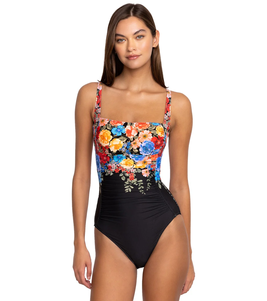 Johnny Was Women's Black Royal Print Ruched One Piece Swimsuit