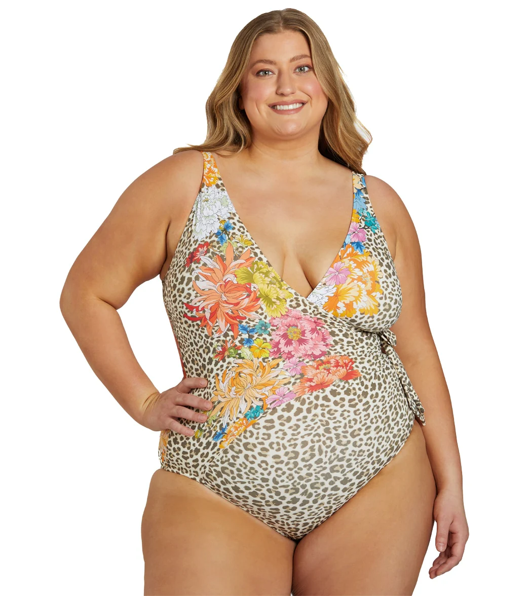 Johnny Was Women's Plus Size Leopard Wrap One Piece Swimsuit