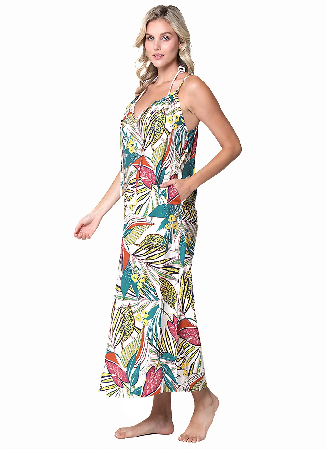 J.Valdi Women's Funky Palm Strappy Tie Front Maxi Cover Up Dress - Image 4