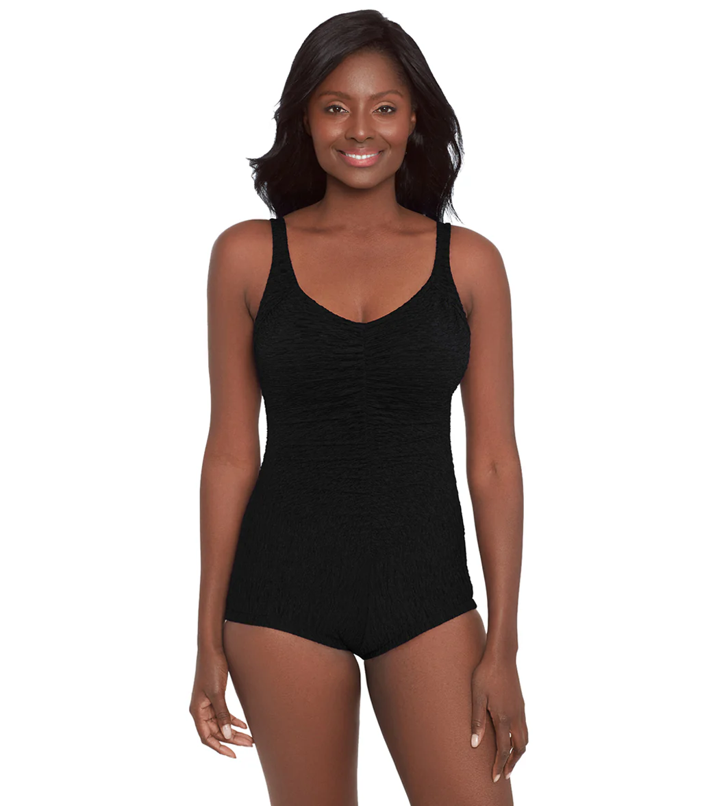Krinkle by Penbrooke Women's Krinkle Chlorine Resistant Shirred Front Girl Leg One Piece Swimsuit - Image 30