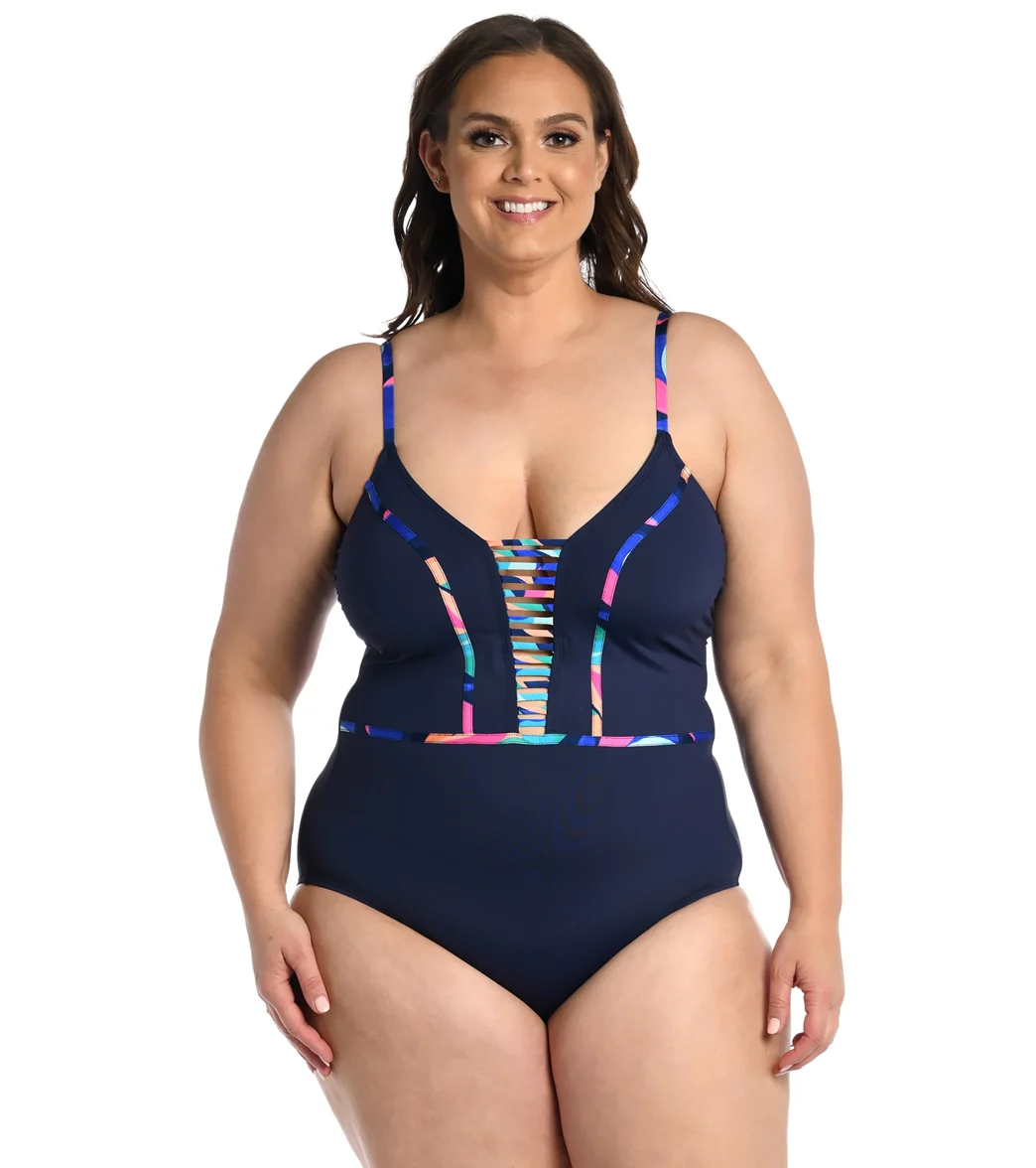 La Blanca Women's Plus Painted Leaves Plunge One Piece Swimsuit - Image 4