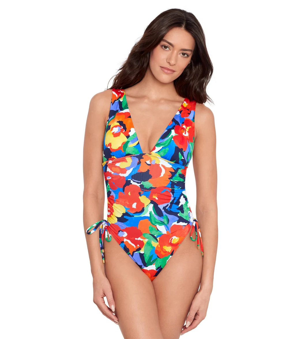 Lauren Ralph Lauren Bold Floral Shirred Plunge One Piece Swimsuit