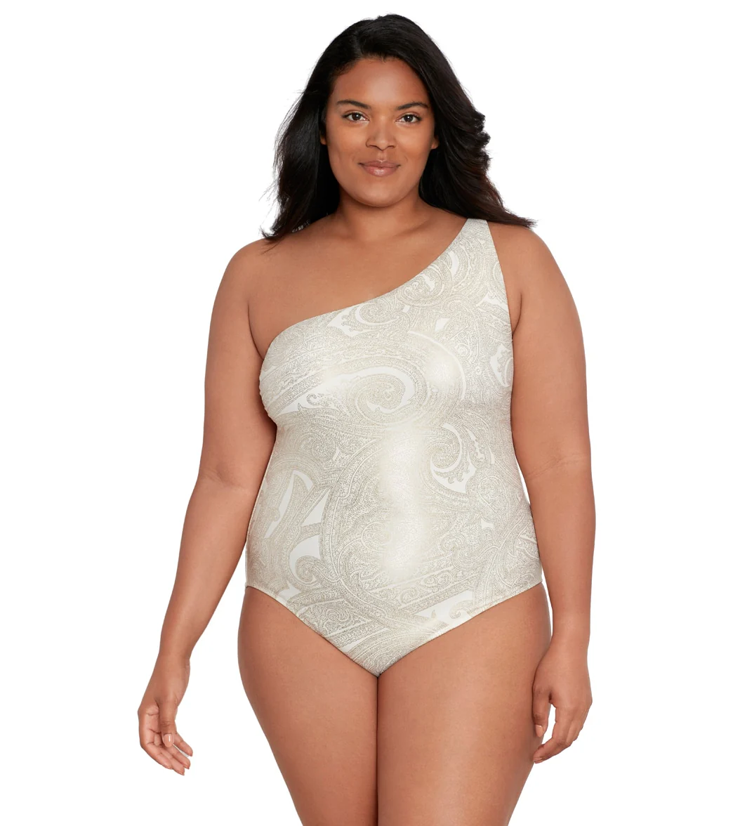 Lauren Ralph Lauren Women's Plus Size Luxury Paisley One Shoulder One Piece Swimsuit