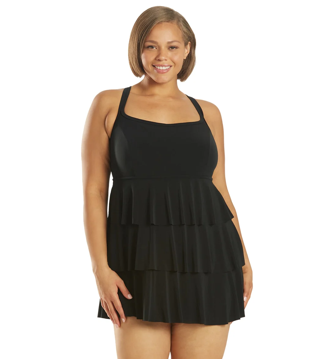 Longitude Plus Size Little Black Dress Triple Tier Swim Dress - Image 7