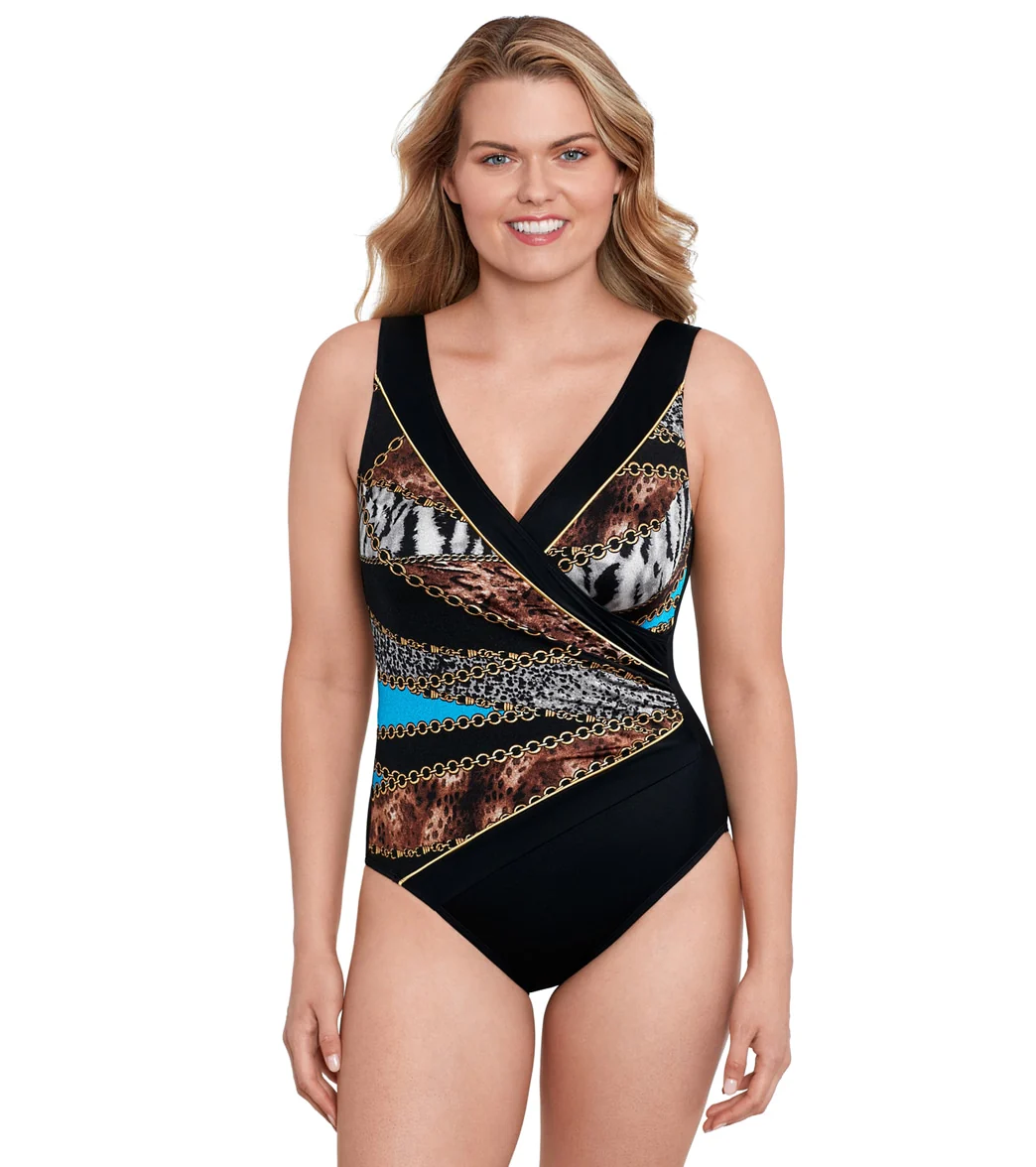 Longitude Women's Bengal Piped Side Shirred Surplice Long Torso One Piece Swimsuit - Image 5