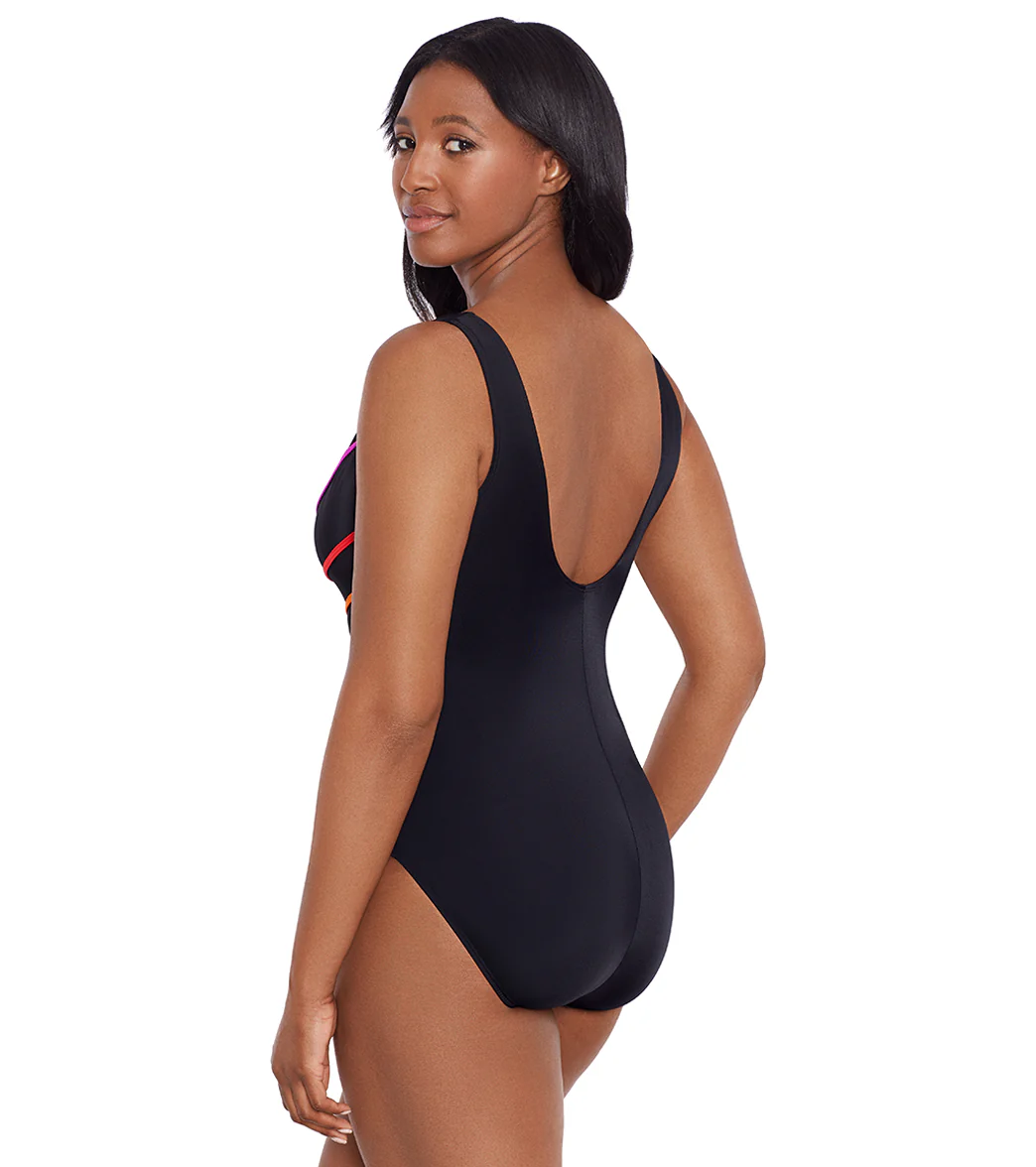 Longitude Women's Block It Up 8 Overlay Fan Tank Long Torso One Piece Swimsuit - Image 7