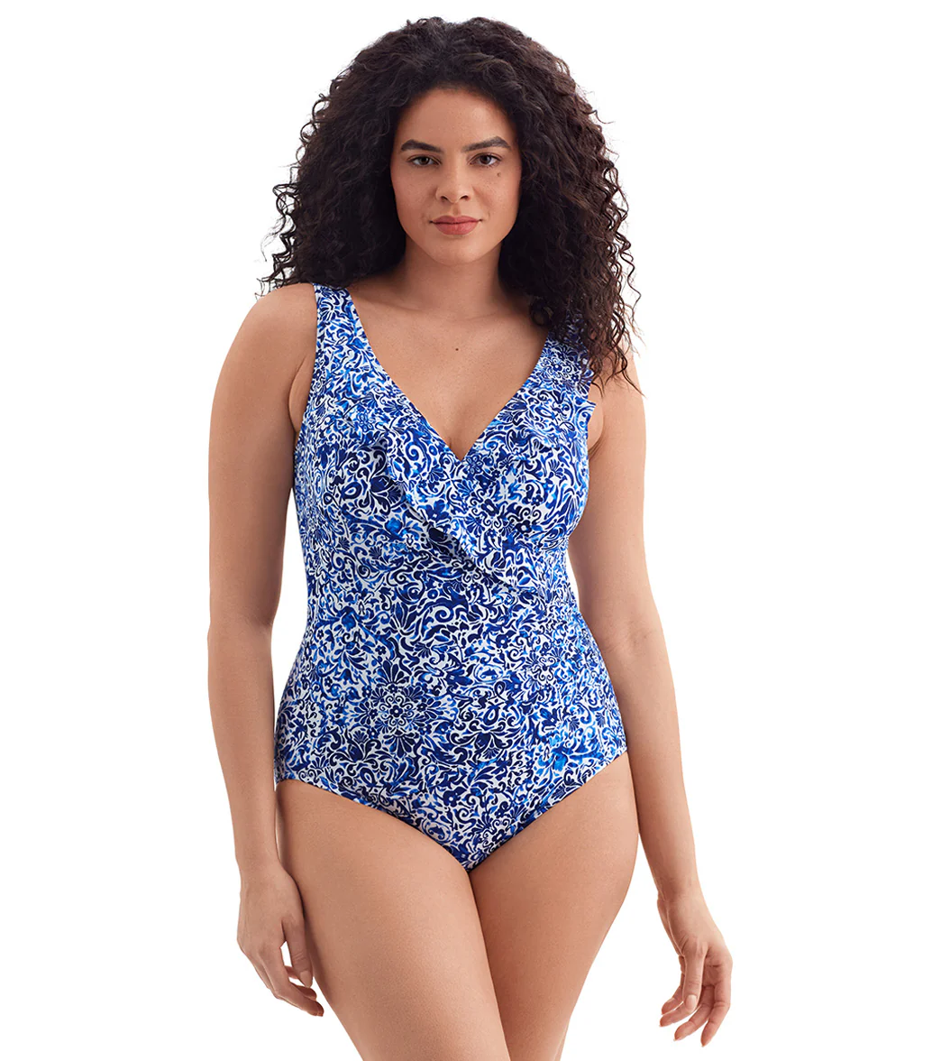 Longitude Women's Fine China Ruffle Front Surplice Long Torso One Piece Swimsuit - Image 8