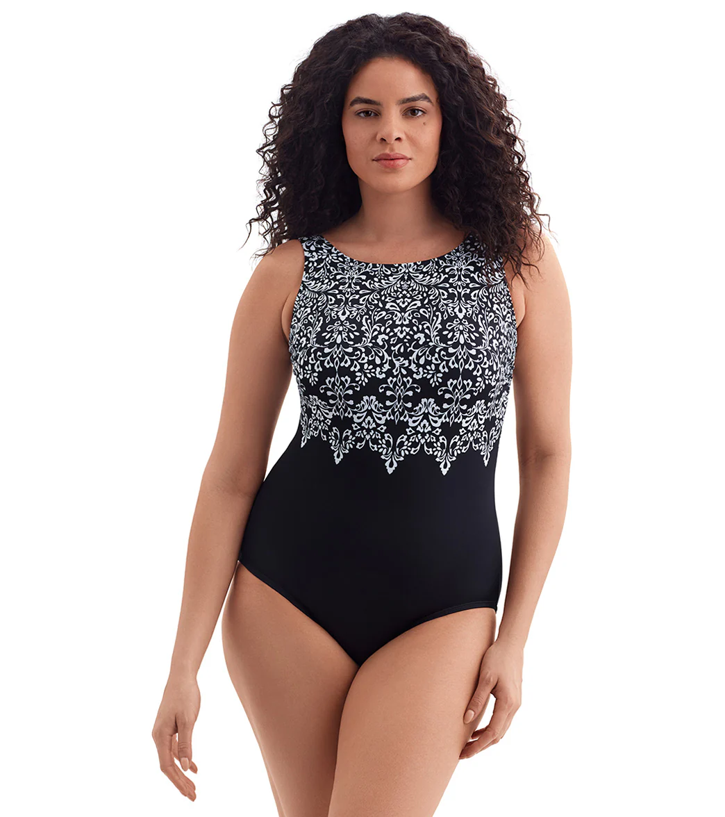 Longitude Women's Garland Edge Scoopback High Neck Long Torso One Piece Swimsuit - Image 6