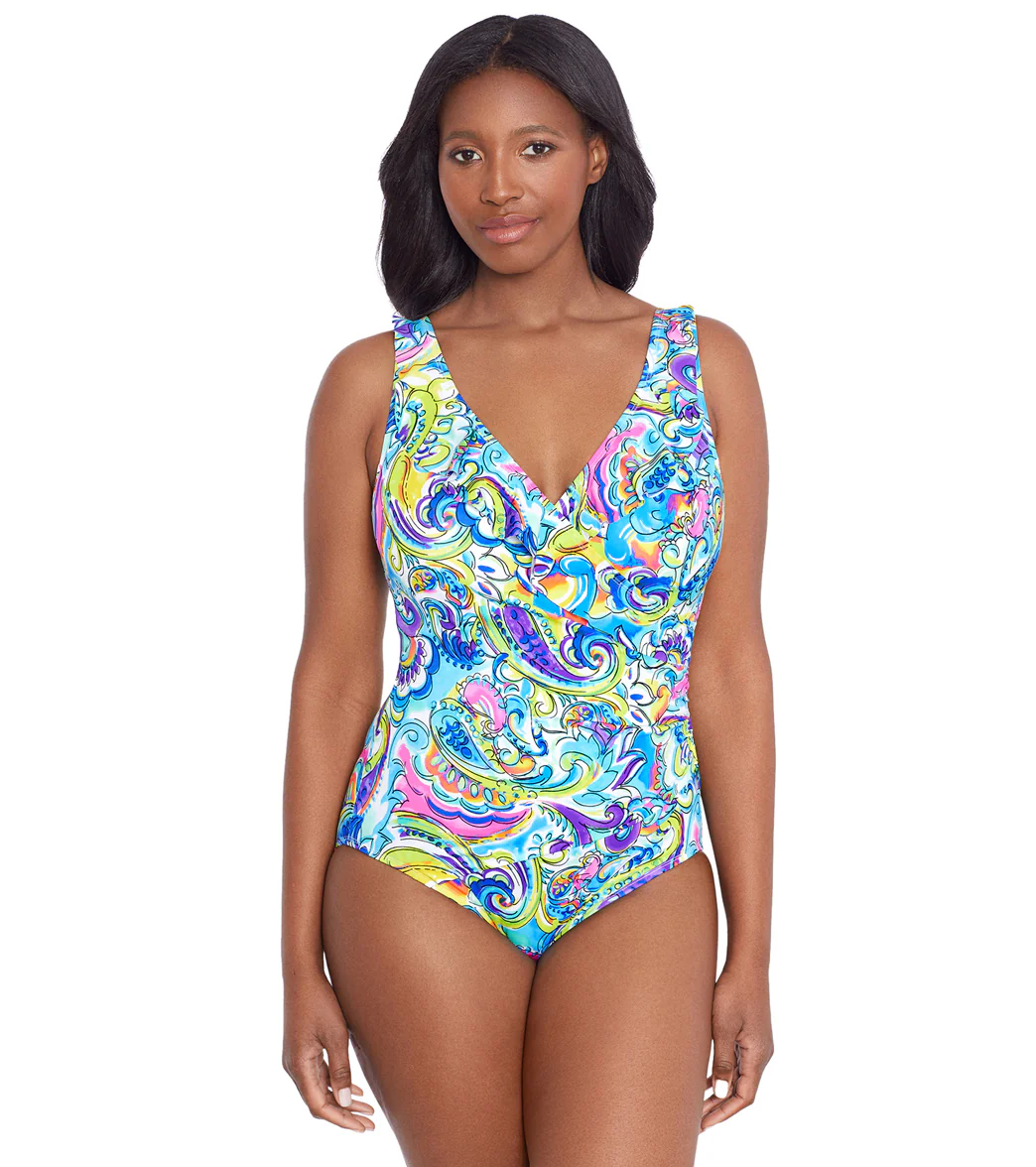 Longitude Women's Paisley Seas Ruffle Front Surplice One Piece Swimsuit - Image 9