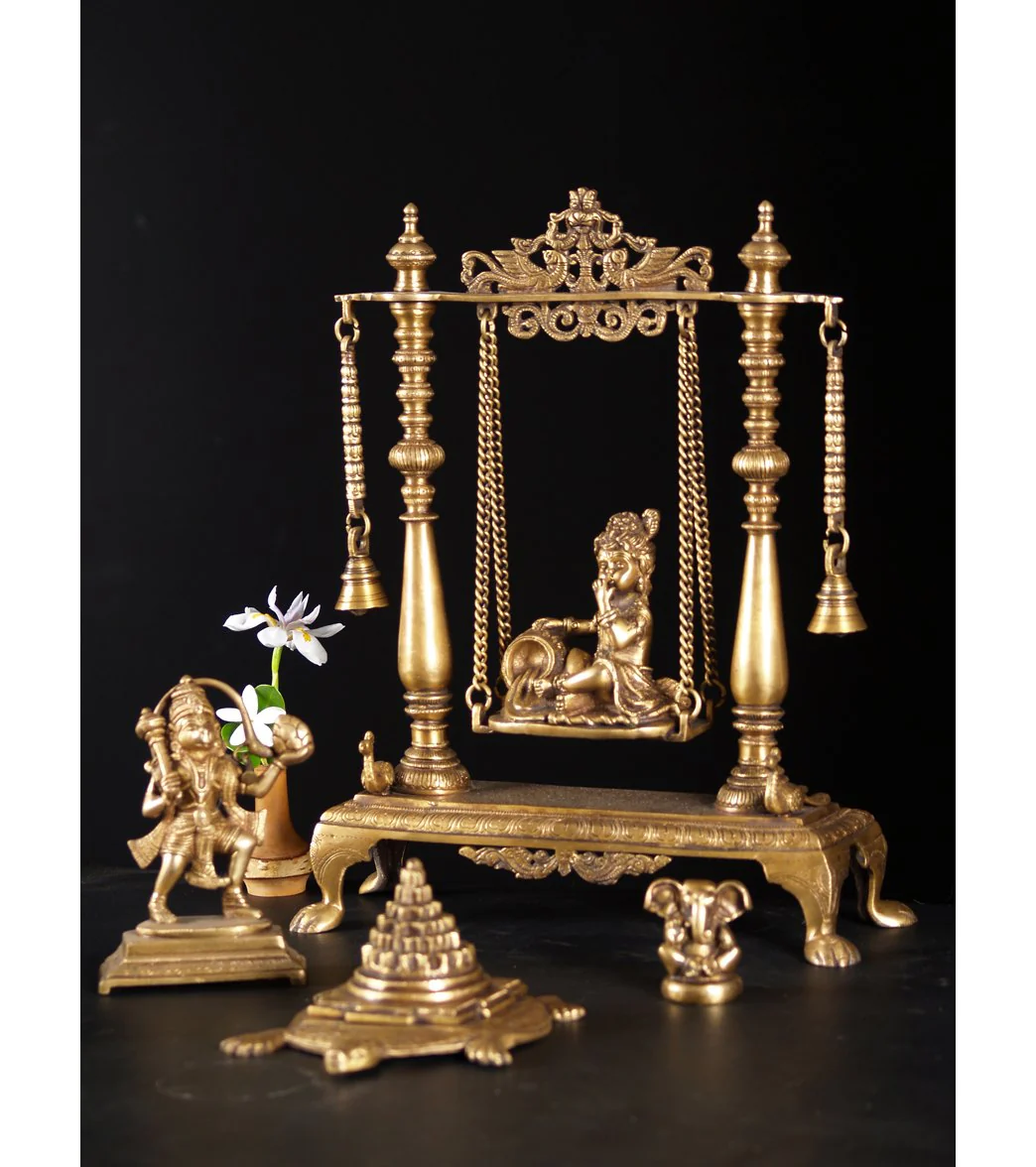 Lotus Sculpture Brass Butter Krishna On Swing 16"