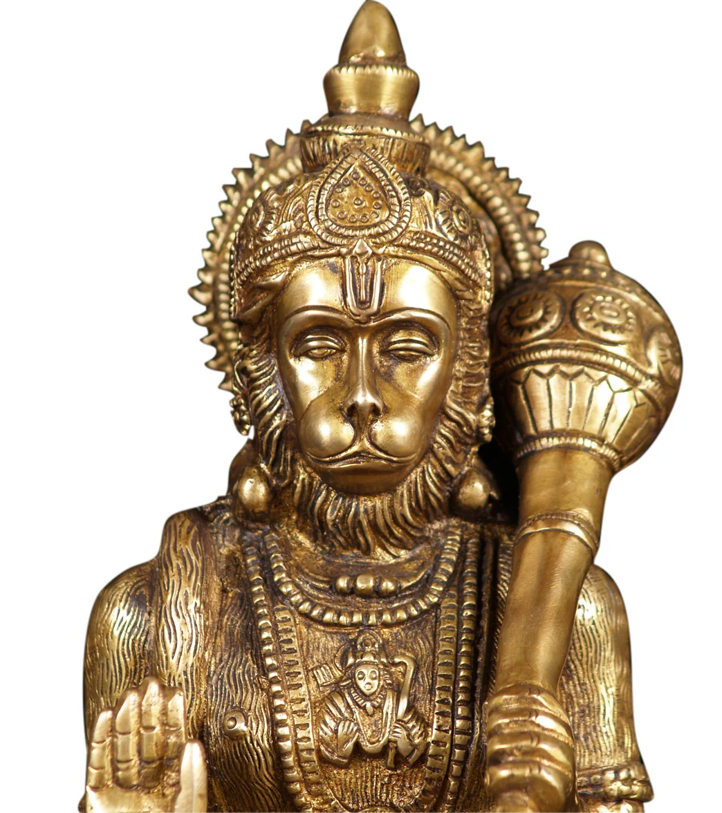 Lotus Sculpture Brass Hanuman Holding Club 11" - Image 5
