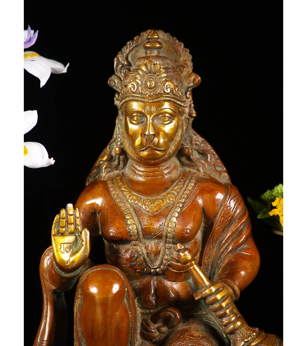 Lotus Sculpture Brass Kneeling Hanuman Statue 10" - Image 2