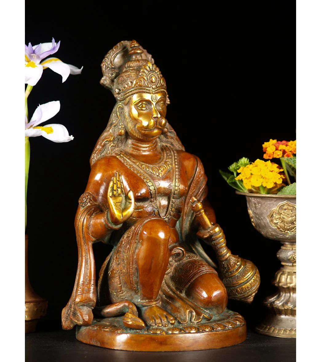 Lotus Sculpture Brass Kneeling Hanuman Statue 10" - Image 3