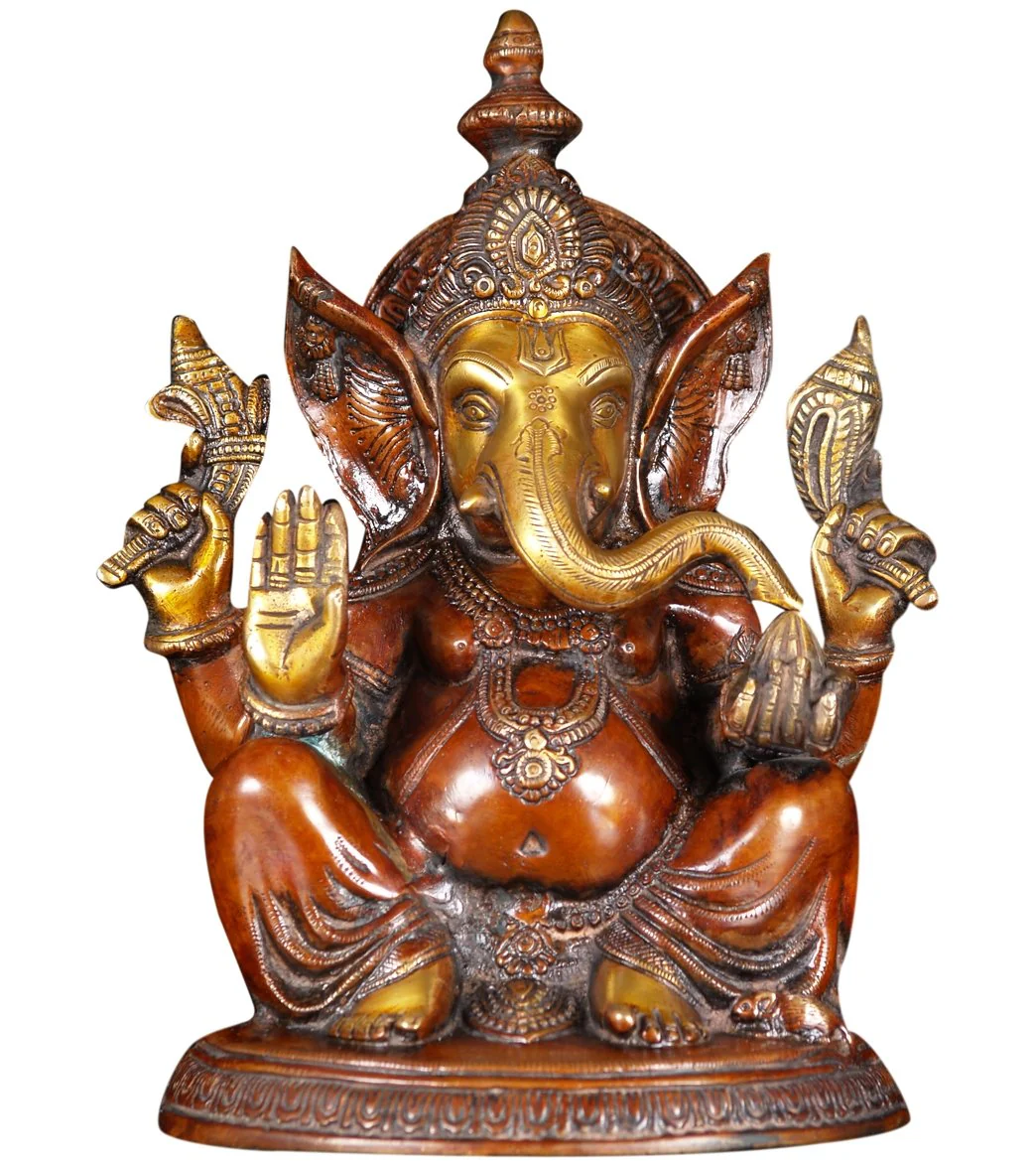 Lotus Sculpture Brass Seated Ganesha Sculpture 11"