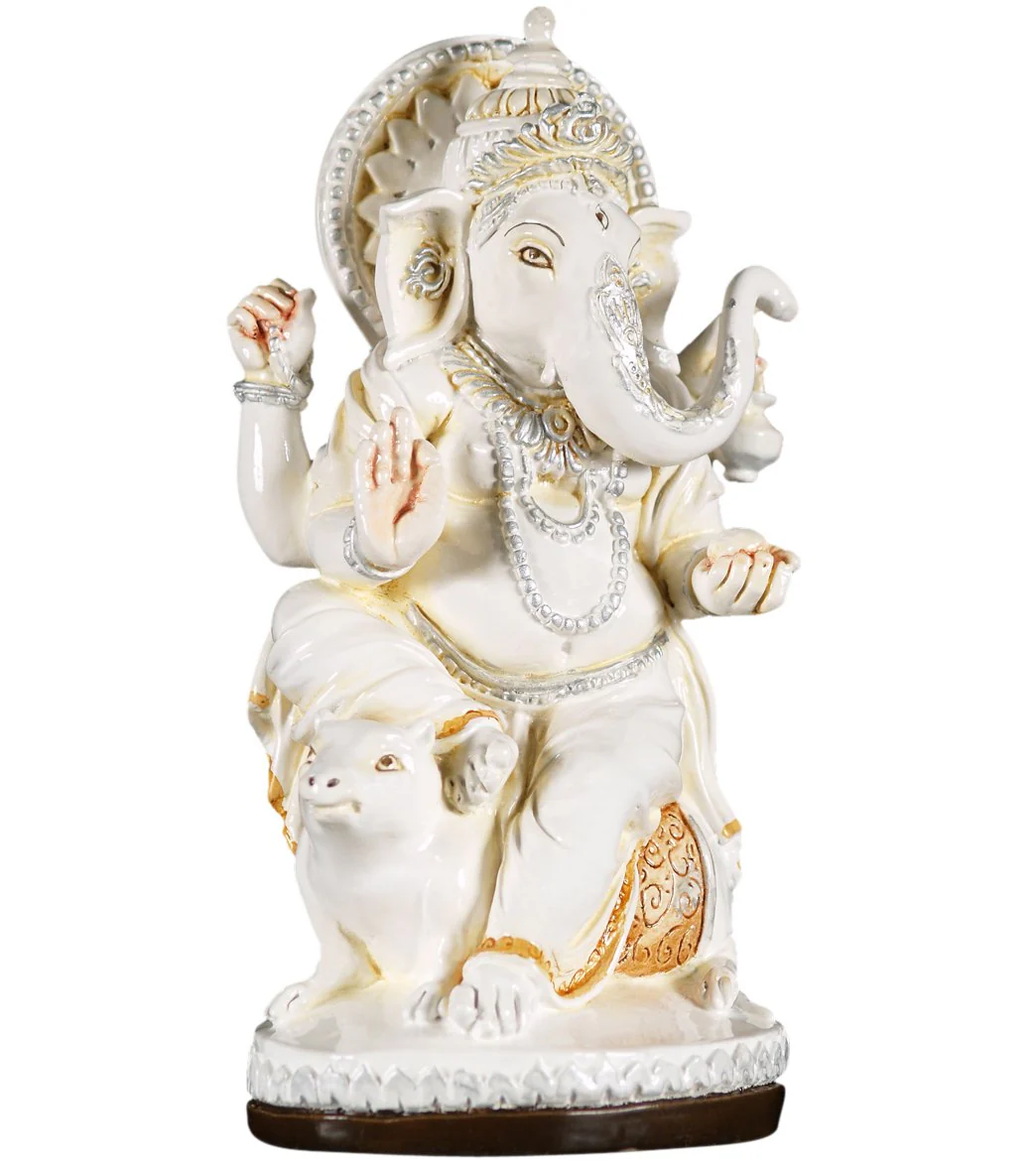 Lotus Sculpture Fiber Ivory Ganesh Statue 11" - Image 3