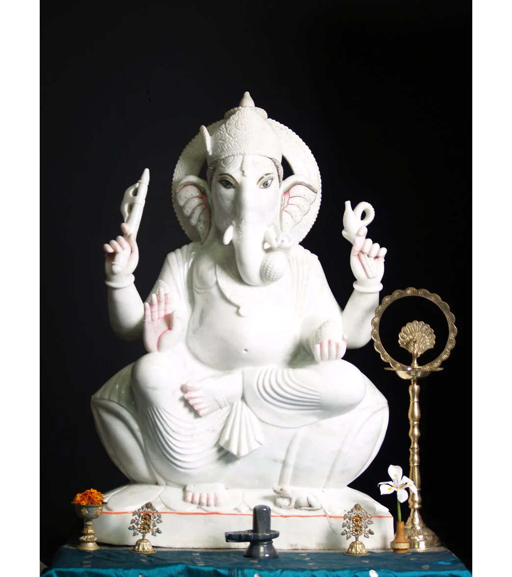 Lotus Sculpture Large White Marble Ganesha Statue 46"