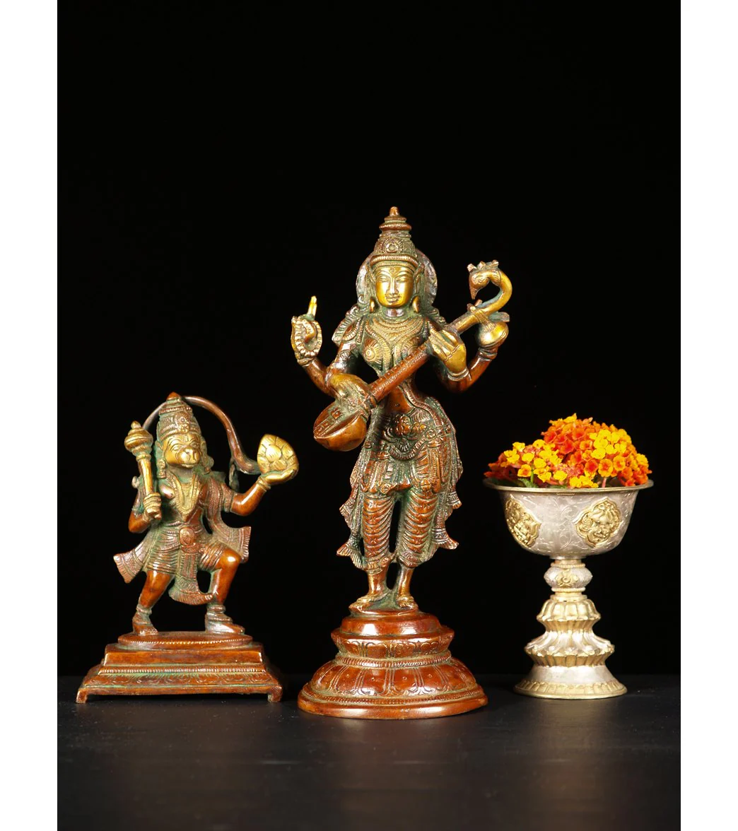 Lotus Sculpture Saraswati Standing With Veena 11" - Image 2