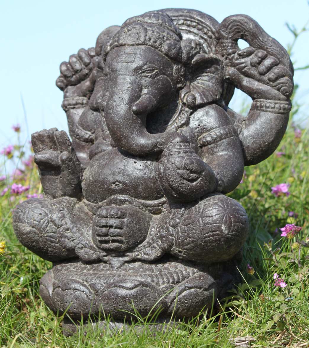 Lotus Sculpture Stone Ganesh Statue on Lotus Base 16" - Image 3