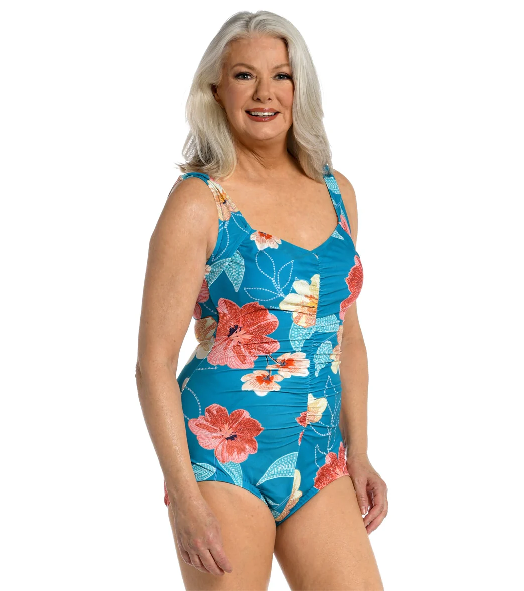 Maxine Women's Crafted Botanical Shirred Front Girl Leg One Piece Swimsuit - Image 5
