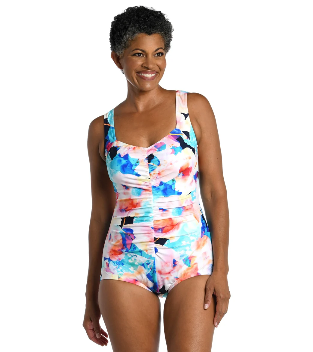 Maxine Women's Illusion Blossoms Shirred Front Girl Leg One Piece Swimsuit - Image 5