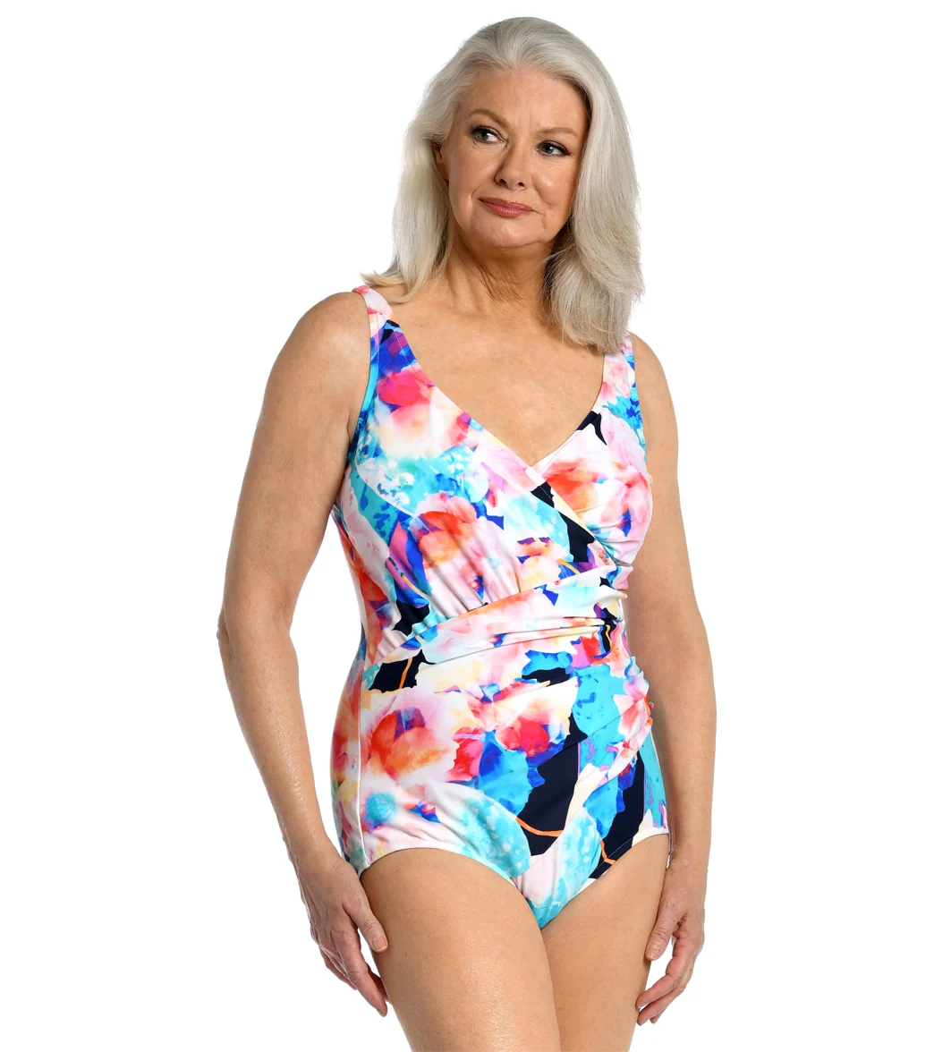 Maxine Women's Illusion Blossoms Shirred Surplice One Piece Swimsuit - Image 4