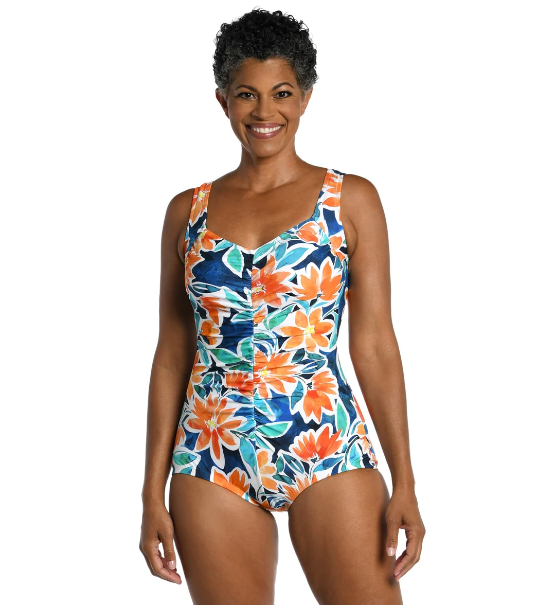 Maxine Women's Joyful Blooms Shirred Front Girl Leg One Piece Swimsuit - Image 7