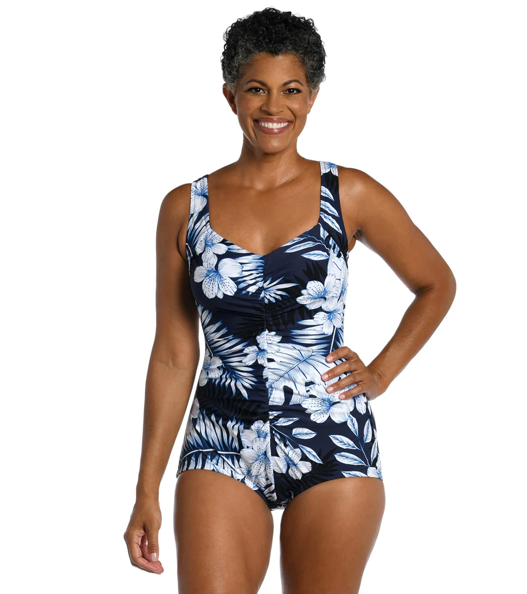Maxine Women's Moonlight Tropics Shirred Front Girl Leg One Piece Swimsuit - Image 5