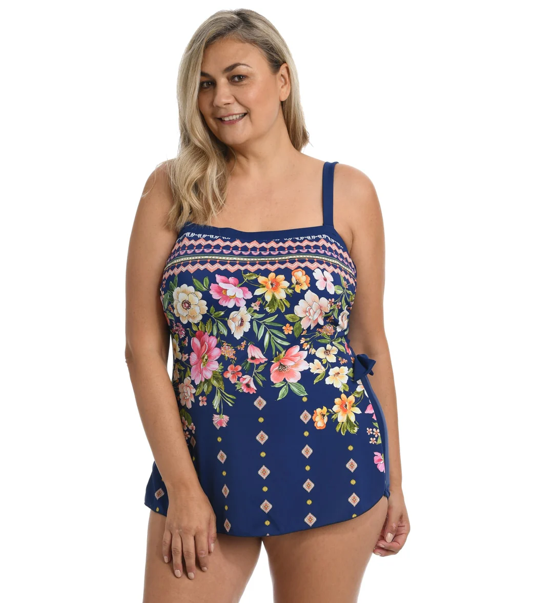 Maxine Women's Plus Size Border Blooms Bandeau Sarong One Piece Swimsuit