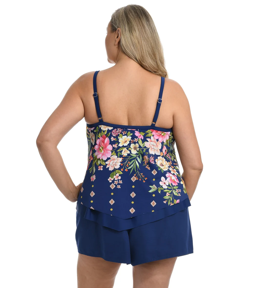 Maxine Women's Plus Size Border Blooms Flutter Tankini Top - Image 2