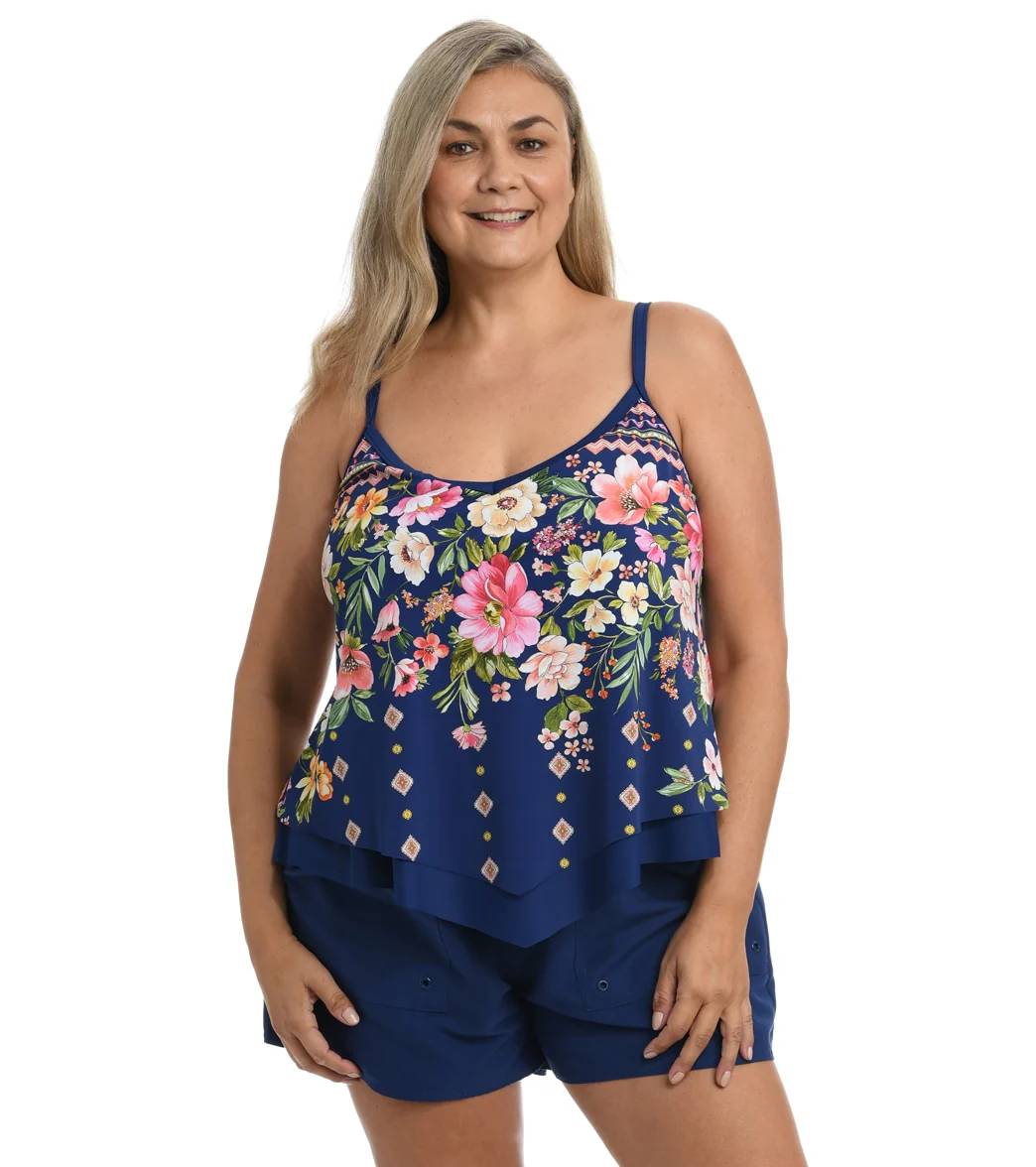 Maxine Women's Plus Size Border Blooms Flutter Tankini Top - Image 5