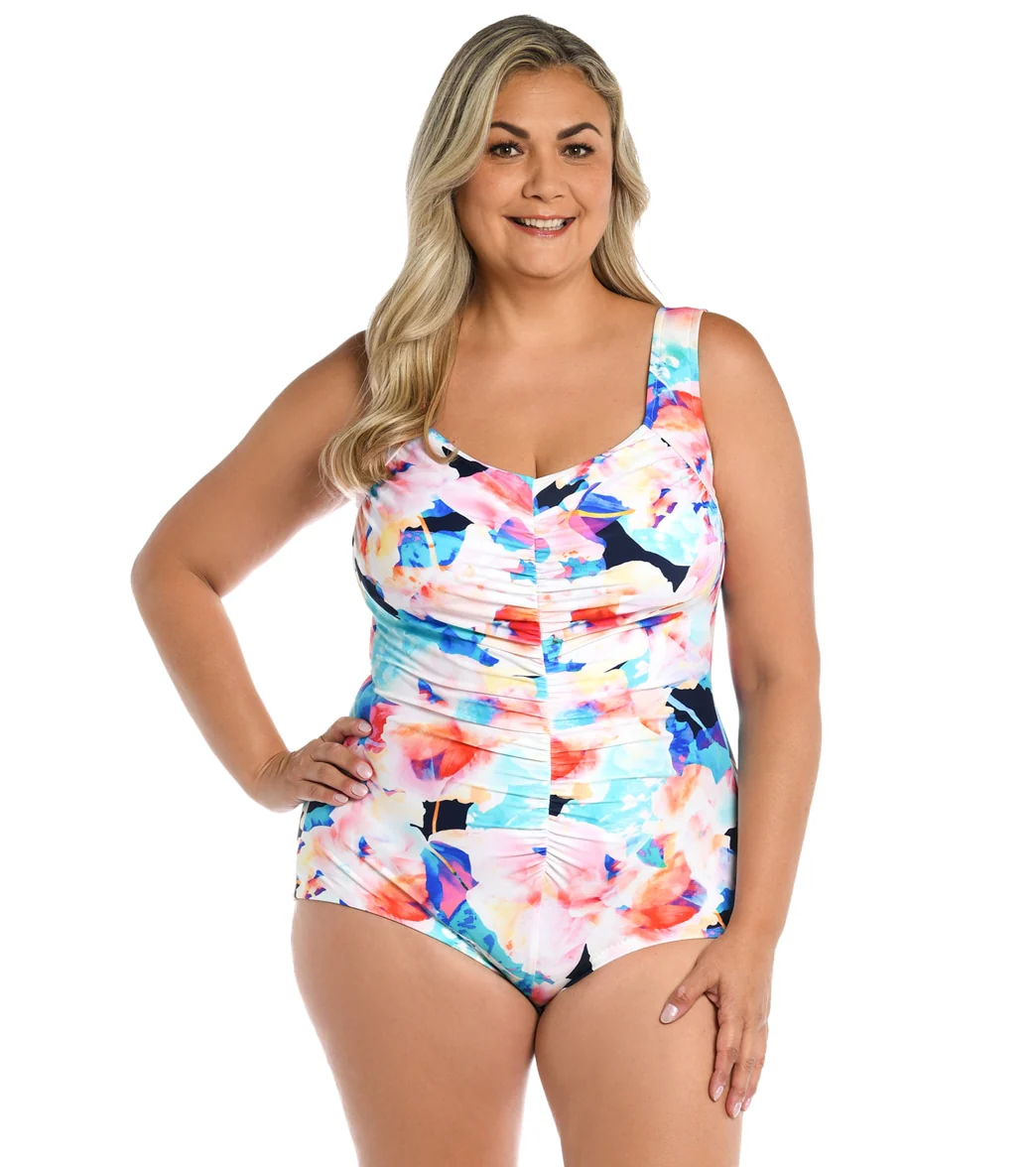 Maxine Women's Plus Size Illusions Blossom Shirred Front Girl Leg One Piece Swimsuit - Image 4