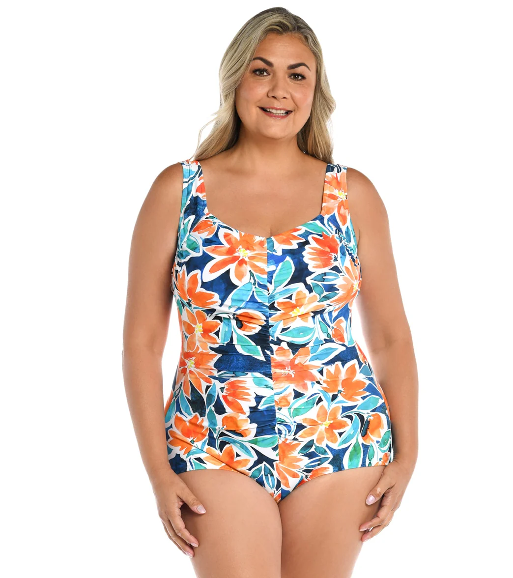 Maxine Women's Plus Size Joyful Blooms Shirred Front Girl Leg One Piece Swimsuit - Image 4