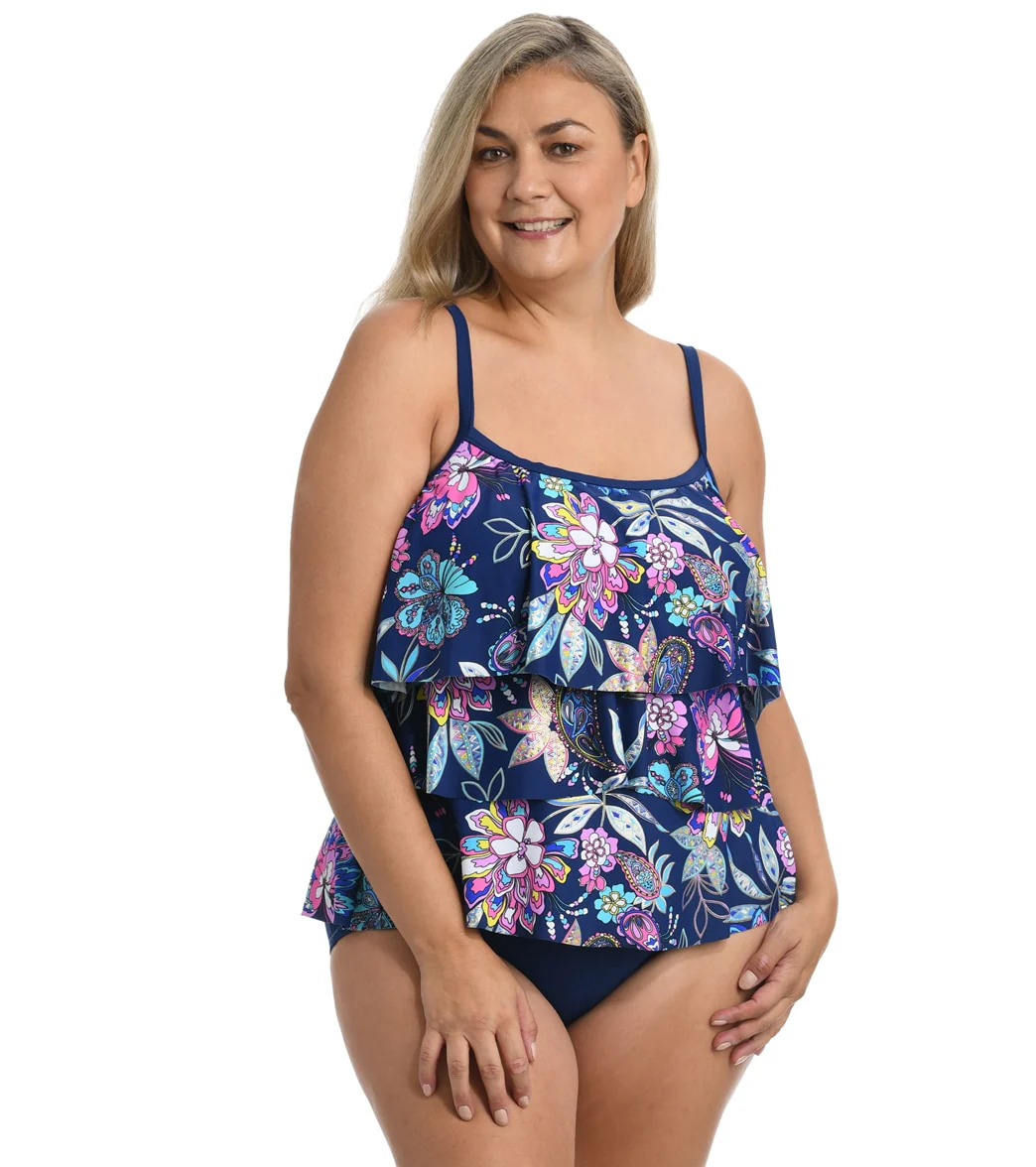 Maxine Women's Plus Size Tulum Tiki Floral Tiered Tankini Top - Image 4