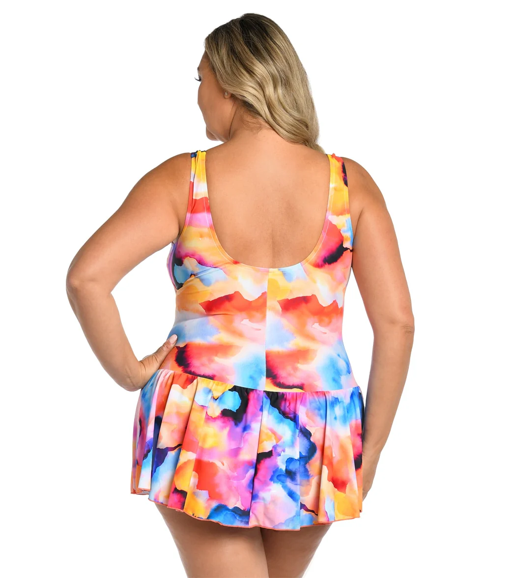 Maxine Women's Plus Size Watercolor Bliss Princess Seam Swim Dress - Image 2