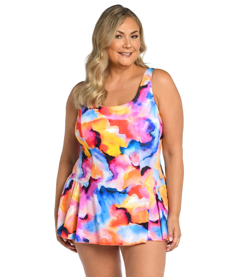Maxine Women's Plus Size Watercolor Bliss Princess Seam Swim Dress - Image 5